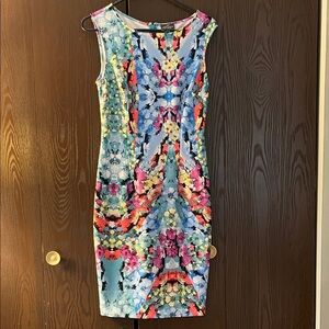 Adriana Papell sleeveless blue with floral pattern dress. Size 4